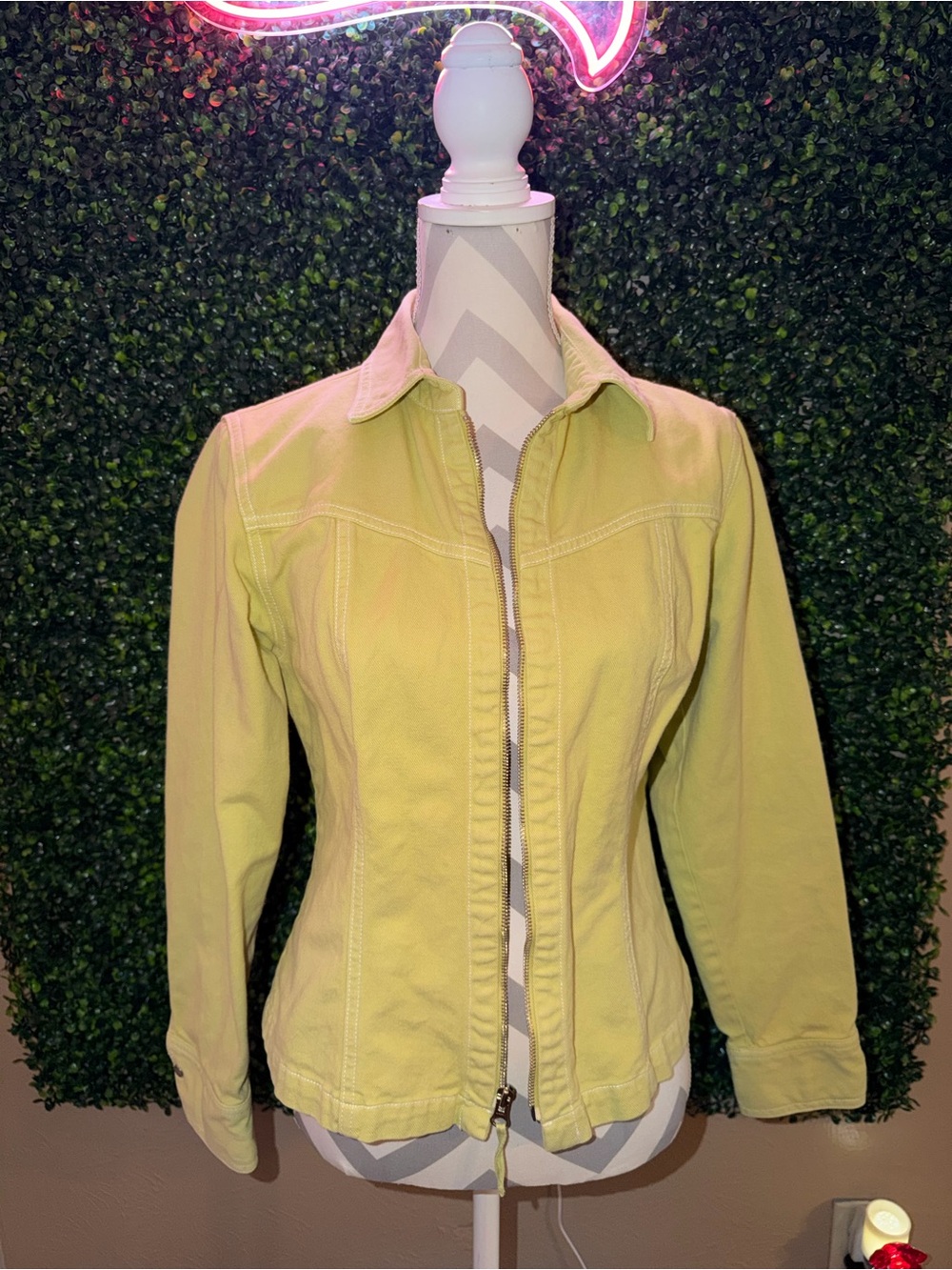CAbi Light Yellow/Light green Zip-Front Jean Jacket